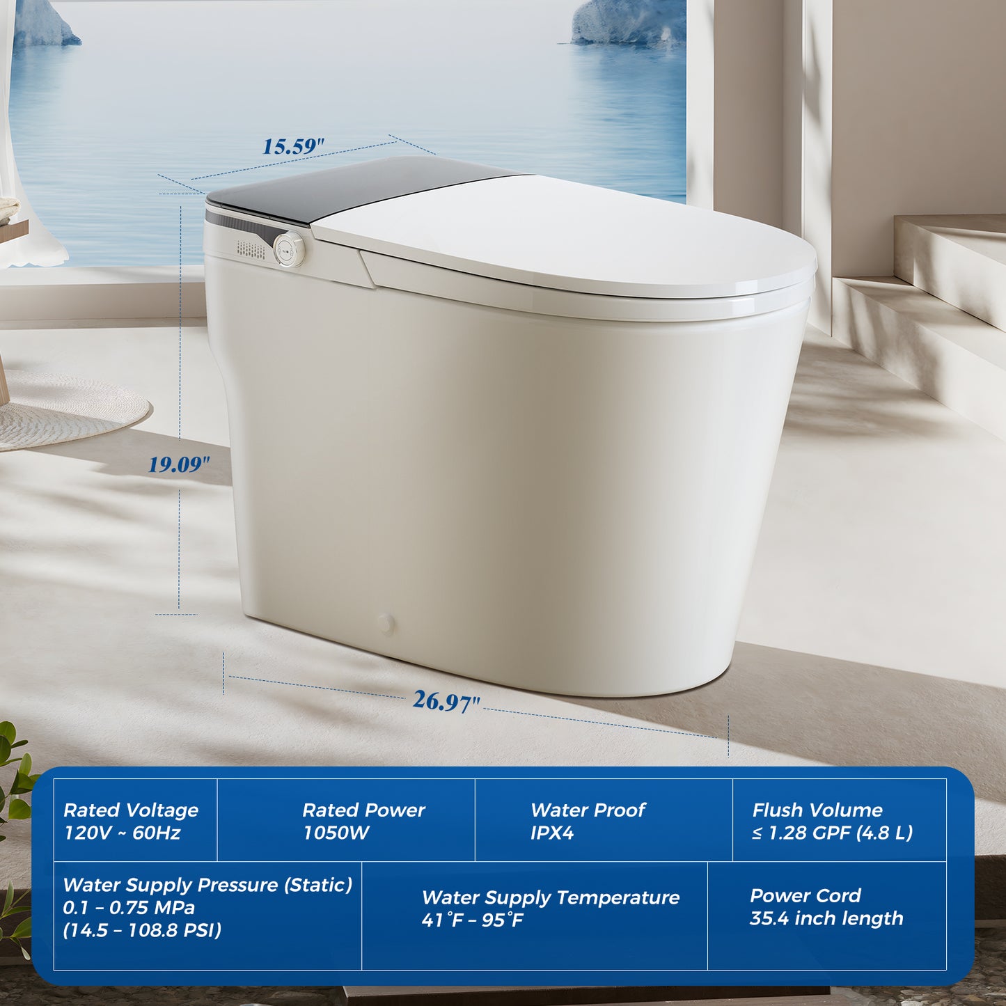 CLIRASS Smart Toilet with Bidet, Electric Bidet Toilet with Auto Powerful Flush, Auto Open/Close, Foot Sensor, Heated Elongated Seat (ADA Comfort Height), Night Light, Deodorization Remote