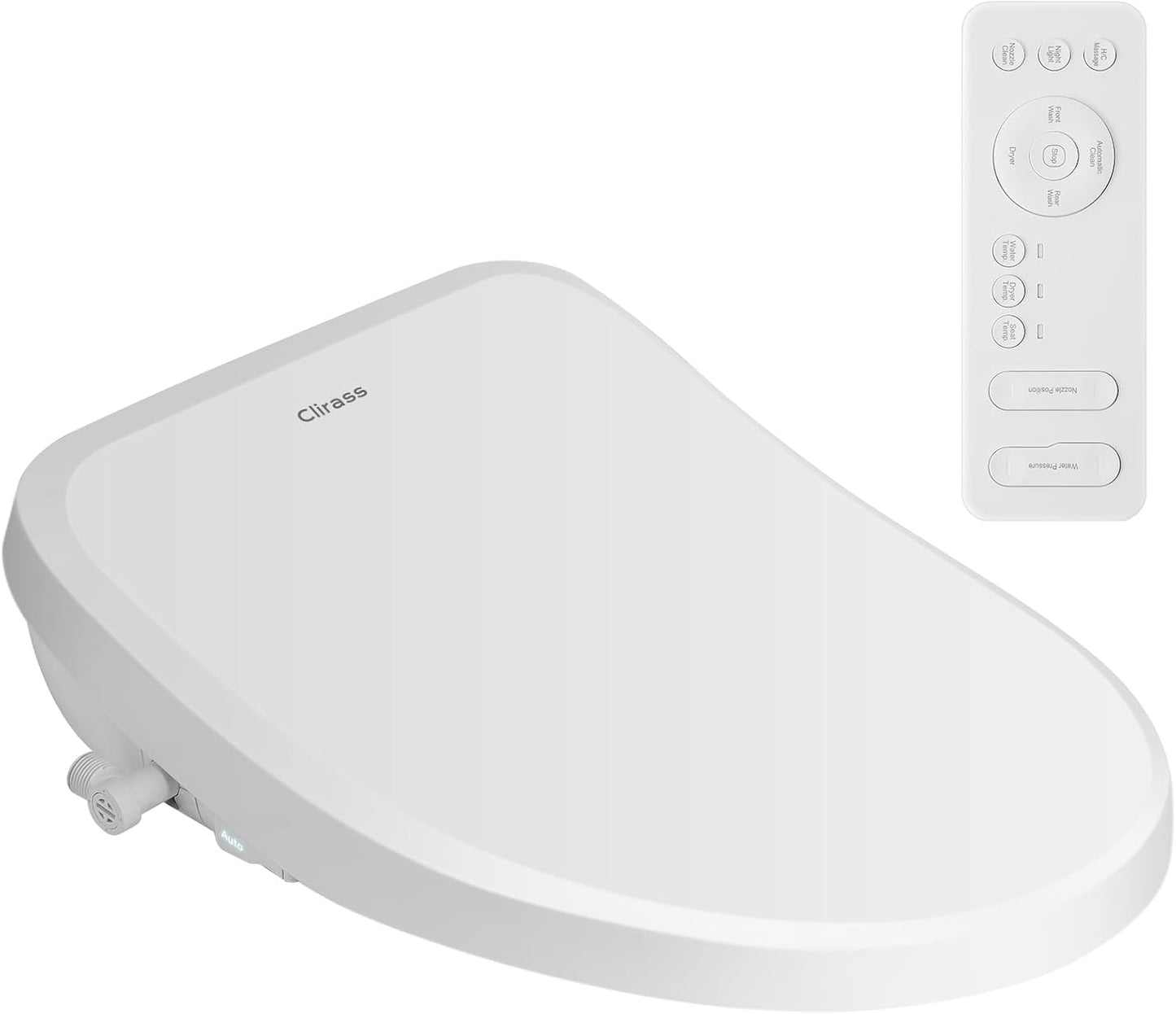 Clirass Electric Smart Bidet Toilet Seat, Warm Water and Adjustable Pressure, Elongated Heated Toilet Seat and Warm Air Drying, Slow Close Lid,Night Light,Wireless Remote,White (Elongated)