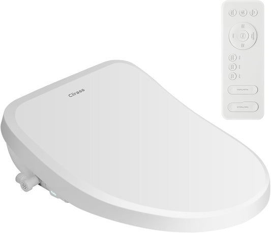 Clirass Electric Smart Bidet Toilet Seat, Warm Water and Adjustable Pressure, Elongated Heated Toilet Seat and Warm Air Drying, Slow Close Lid,Night Light,Wireless Remote,White (Elongated)