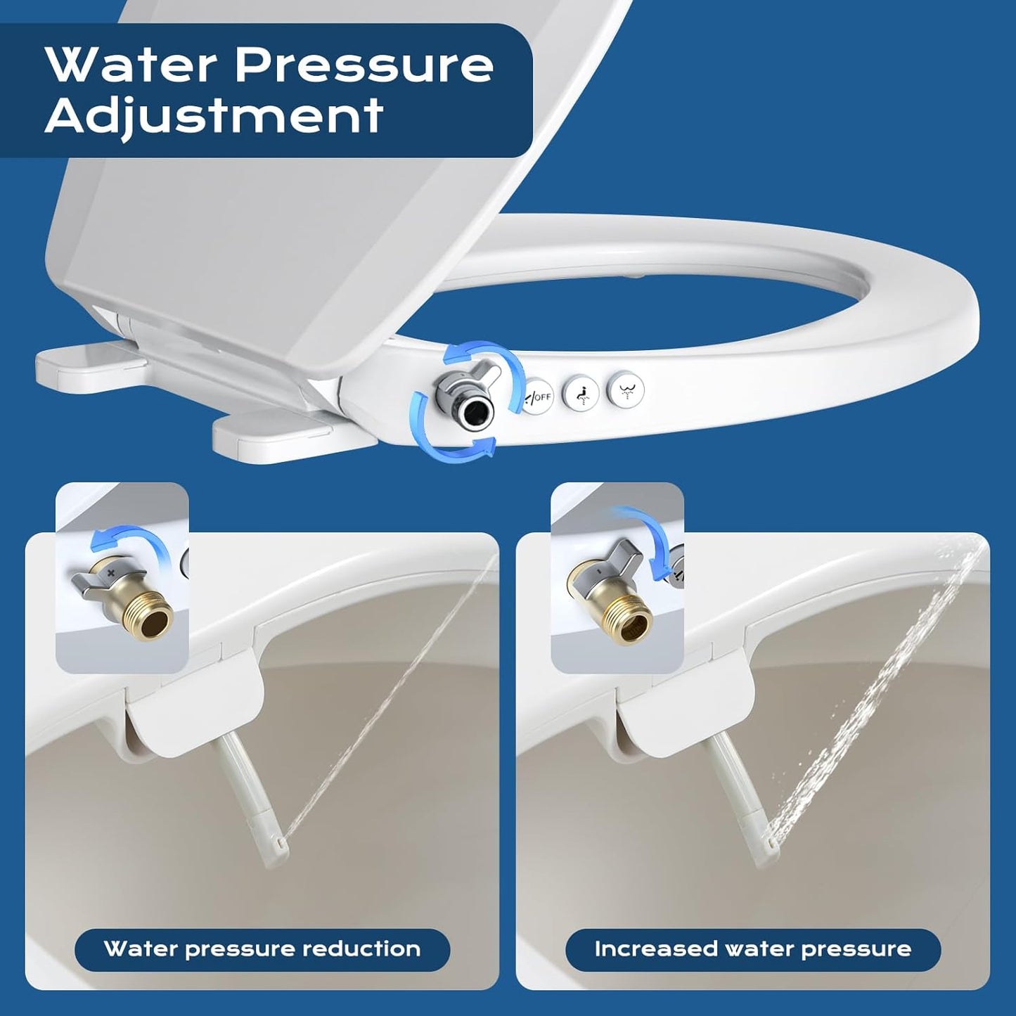 Clirass Bidet Toilet Seat, Soft Close Round Toilet Seat, Button control Feminine/Posterior Wash Switch, Knob Control Water Pressure,White Bidet Seat Attachment with Brass inlet