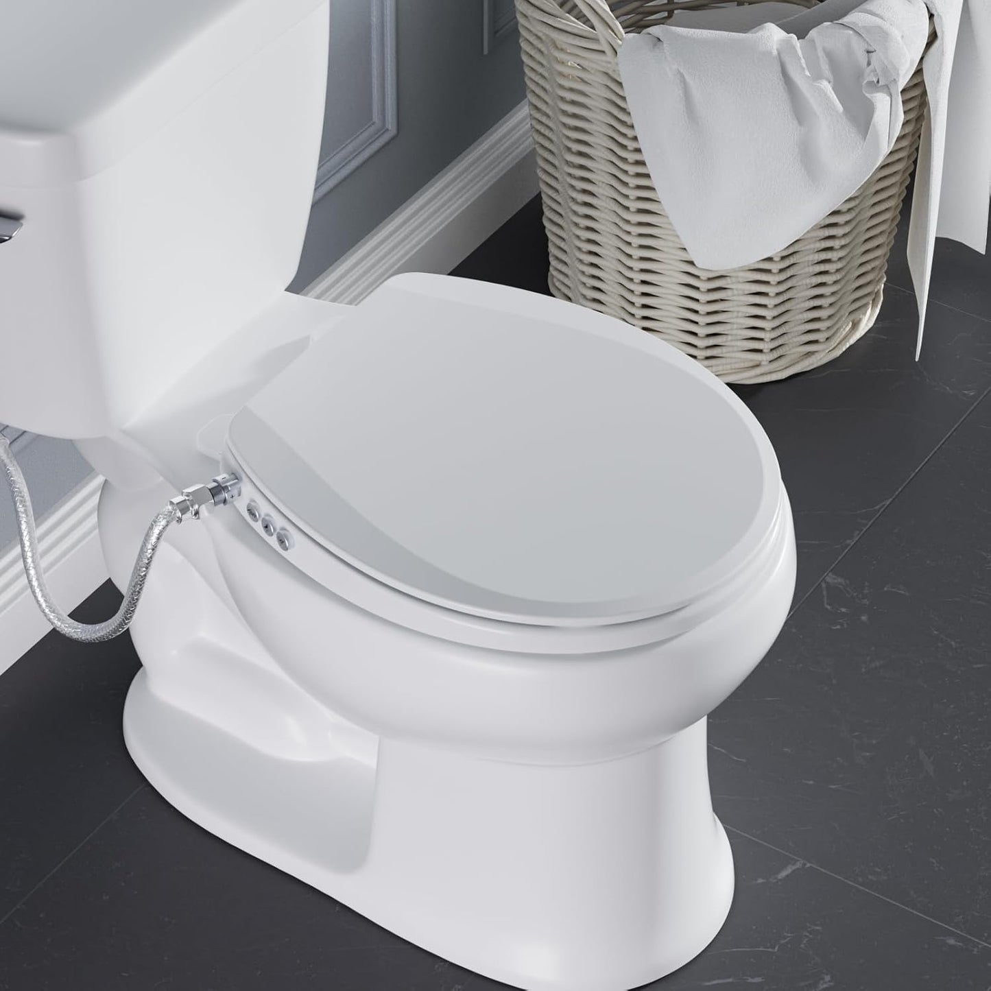 Clirass Bidet Toilet Seat, Soft Close Round Toilet Seat, Button control Feminine/Posterior Wash Switch, Knob Control Water Pressure,White Bidet Seat Attachment with Brass inlet