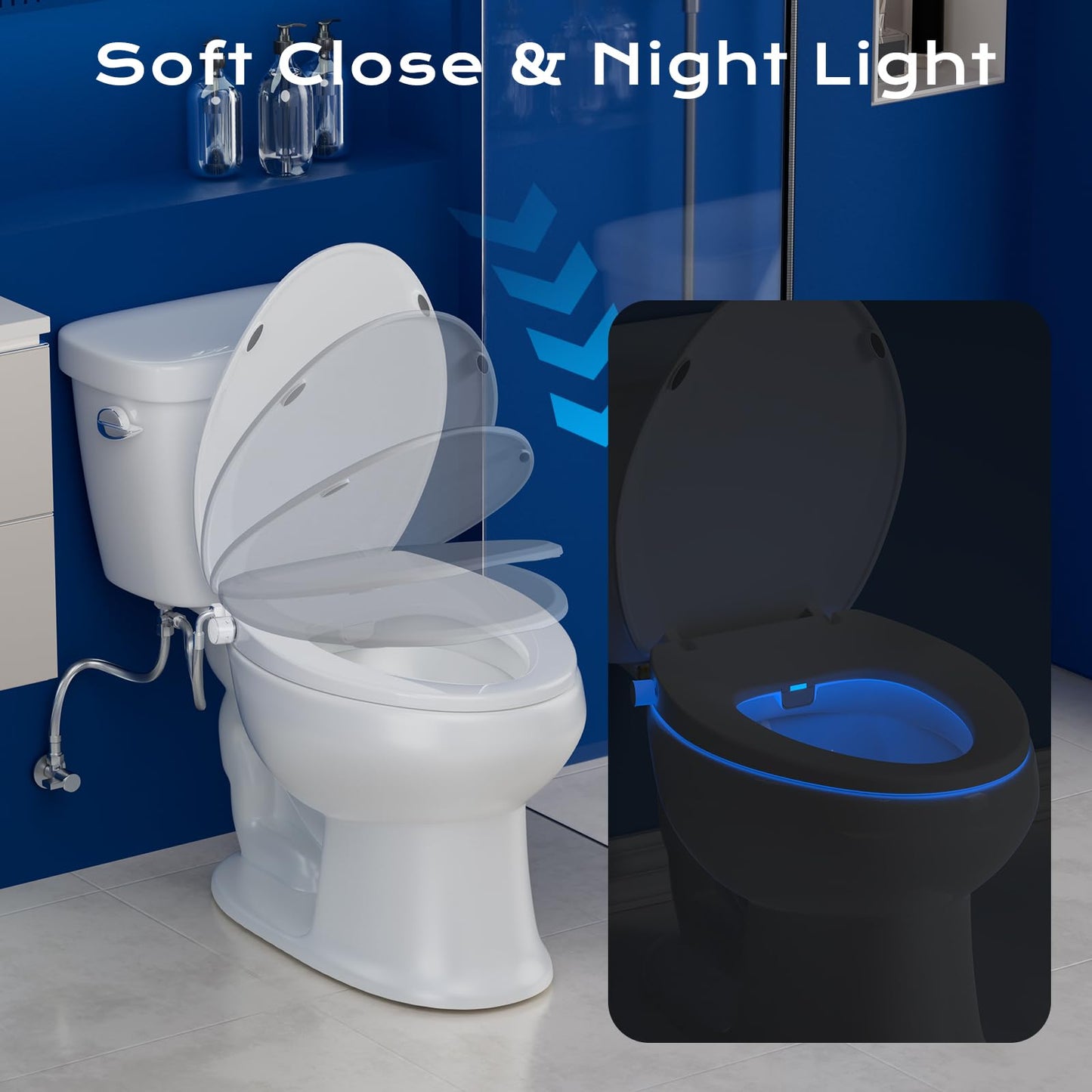 Clirass Elongated Heated Toilet Seat with Night Light, Three Temperature Settings Heated Seat,70 in Power Cord, Fit Elongated Toilet, Cold Water Bidet Function Toilet Seat With Slow Close