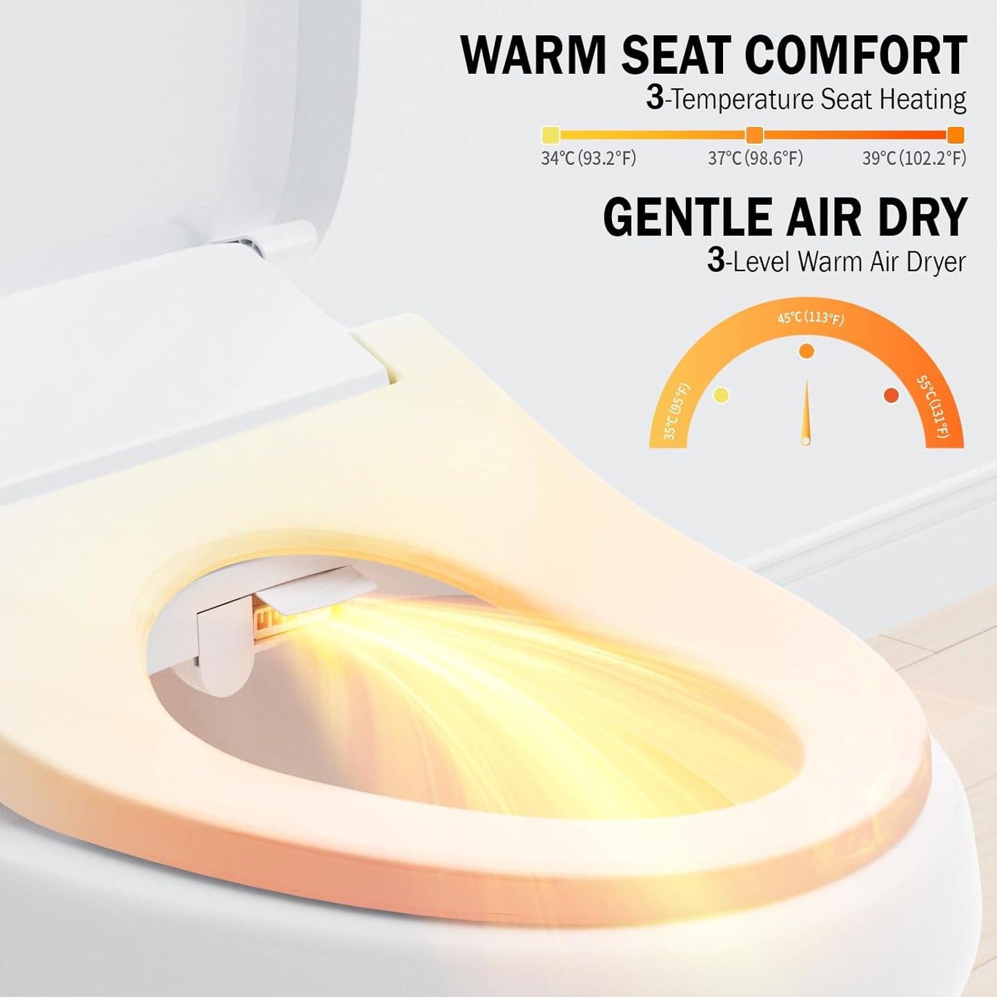Clirass Electric Smart Bidet Toilet Seat, Warm Water and Adjustable Pressure, Elongated Heated Toilet Seat and Warm Air Drying, Slow Close Lid,Night Light,Wireless Remote,White (Elongated)