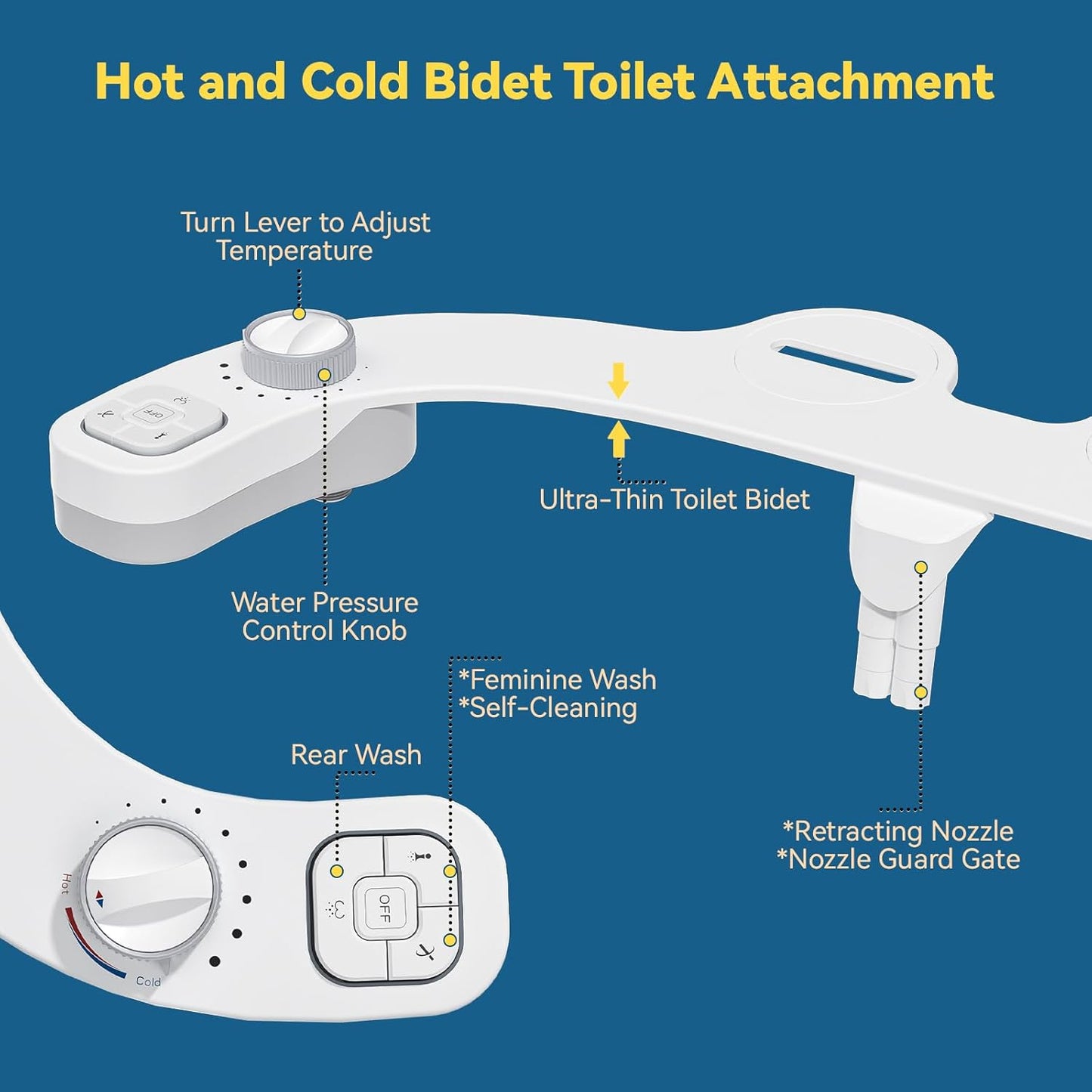 Non-Electric Hot and Cold Water Bidet Attachment for Toilet Seat,Self-Cleaning, Dual Nozzle(Frontal & Rear Wash),Adjustable Water Pressure (White Toilet)