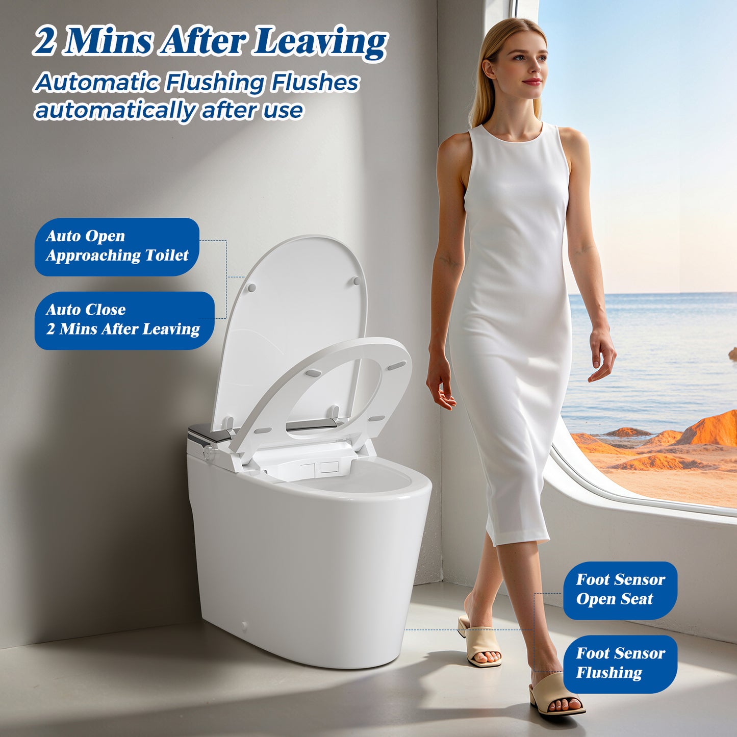 CLIRASS Smart Toilet with Bidet, Electric Bidet Toilet with Auto Powerful Flush, Auto Open/Close, Foot Sensor, Heated Elongated Seat (ADA Comfort Height), Night Light, Deodorization Remote