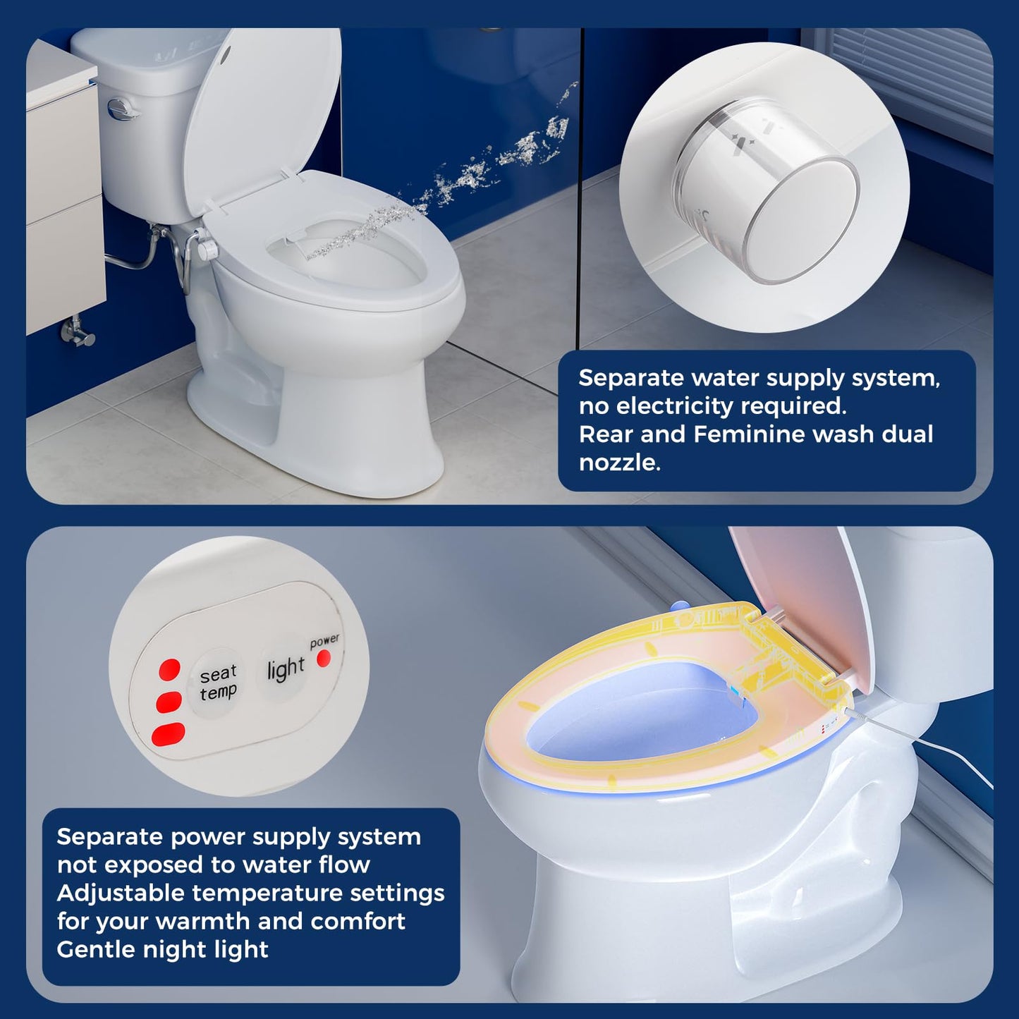 Clirass Elongated Heated Toilet Seat with Night Light, Three Temperature Settings Heated Seat,70 in Power Cord, Fit Elongated Toilet, Cold Water Bidet Function Toilet Seat With Slow Close