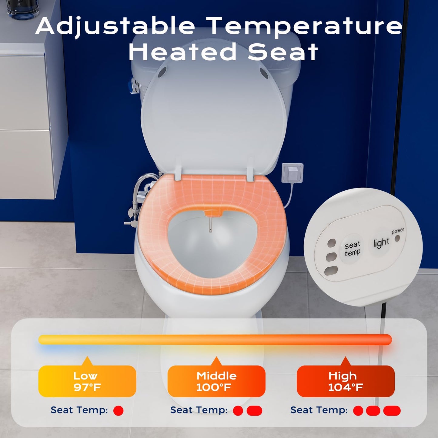 Clirass Elongated Heated Toilet Seat with Night Light, Three Temperature Settings Heated Seat,70 in Power Cord, Fit Elongated Toilet, Cold Water Bidet Function Toilet Seat With Slow Close