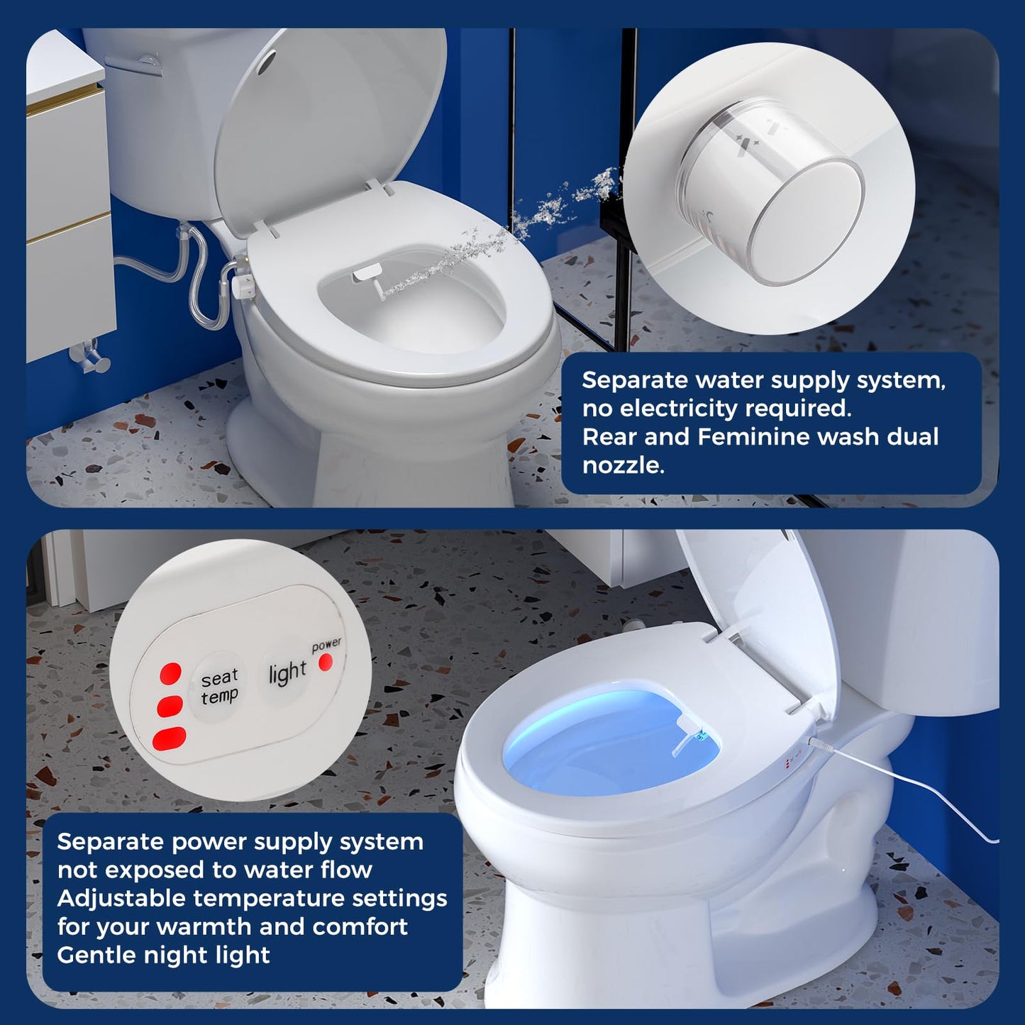 Clirass Elongated Heated Toilet Seat with Night Light, Three Temperature Settings Heated Seat,70 in Power Cord, Fit Elongated Toilet, Cold Water Bidet Function Toilet Seat With Slow Close