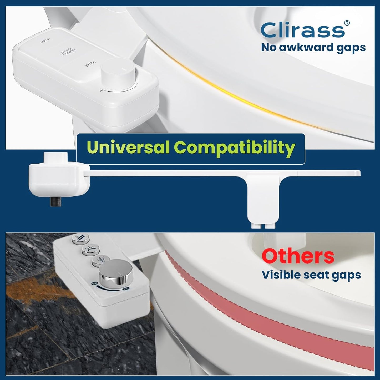 Clirass Ultra-Slim Bidet Attachment, Self-Cleaning Dual Nozzle (Feminine/Posterior Wash), Accessibility-Enhanced Large Buttons, Quick-Release, Non-Electric Fresh Water System with Adjustable Pressure