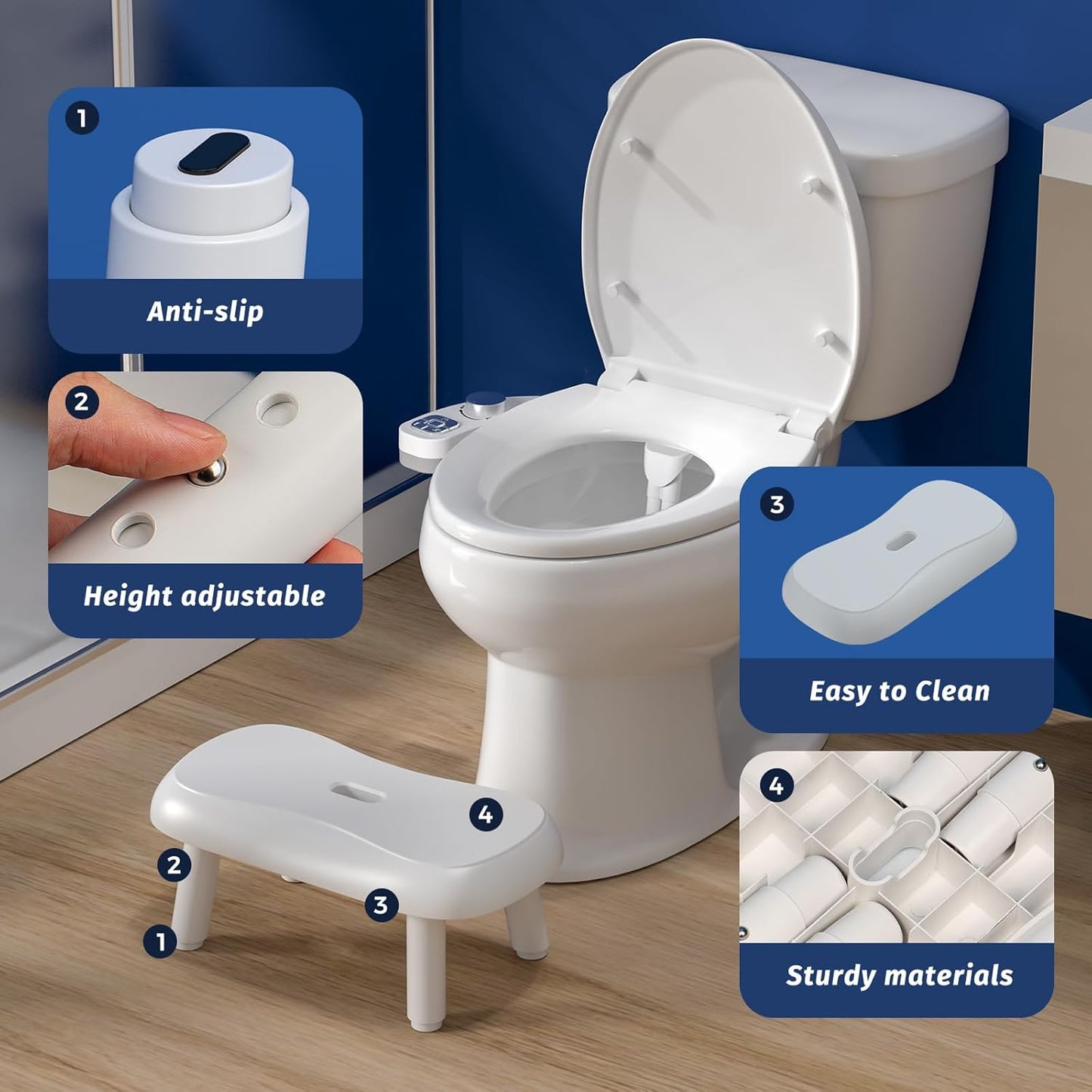 Clirass Toilet Stool Squat - 6.7", 7.5", 8.3" and 9" Adjustable Heights - Bathroom Potty Poop Stool for Adults and Kids with Non-Slip Design