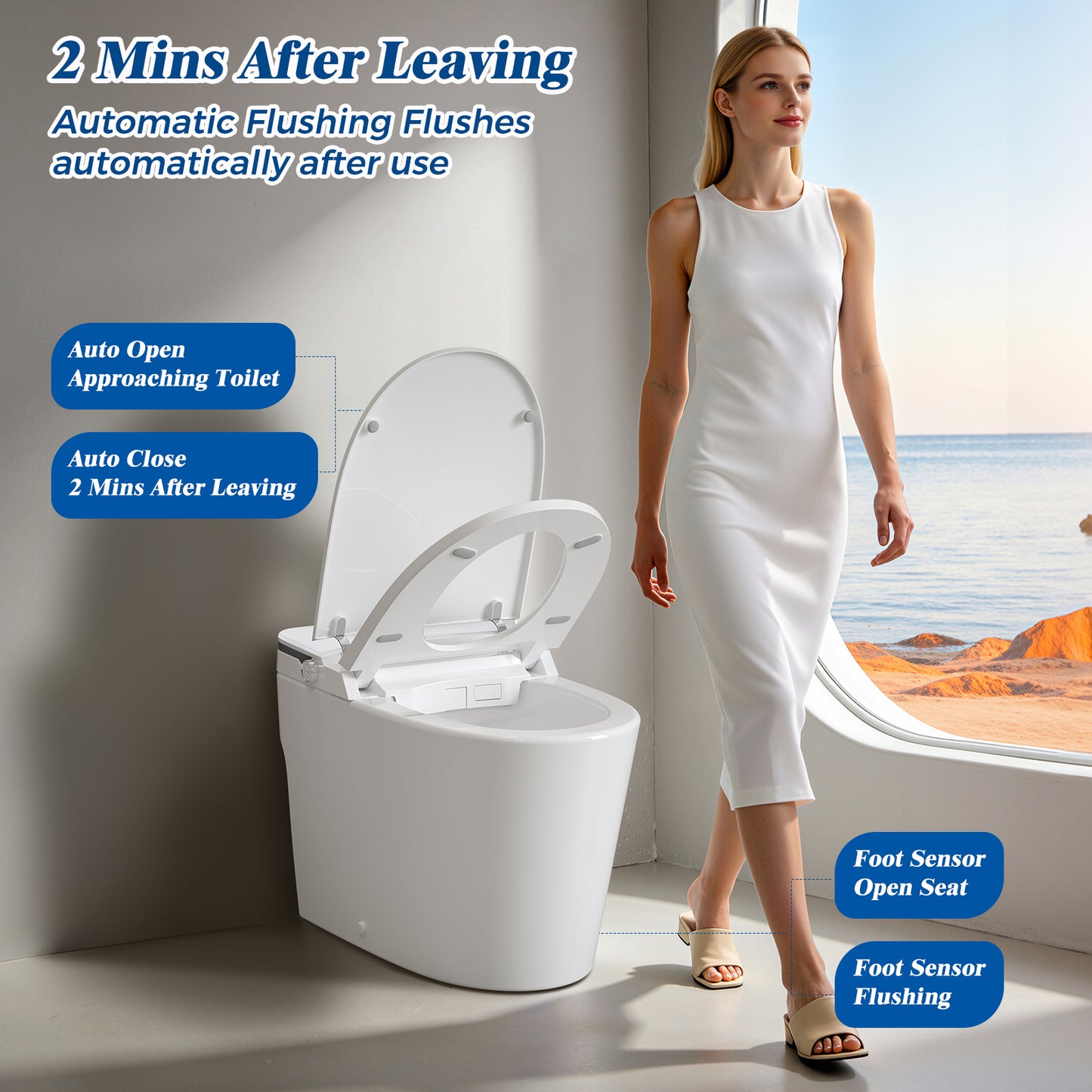 CLIRASS Smart Toilet with Bidet, Electric Bidet Toilet with Auto Powerful Flush, Auto Open/Close, Foot Sensor, Heated Elongated Seat (ADA Comfort Height), Night Light, Deodorization Remote
