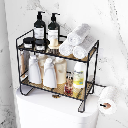 2-Tier Over Toilet Storage Shelf, Bathroom Organizers, with 2 Hooks & 1 Paper Holder (Black)